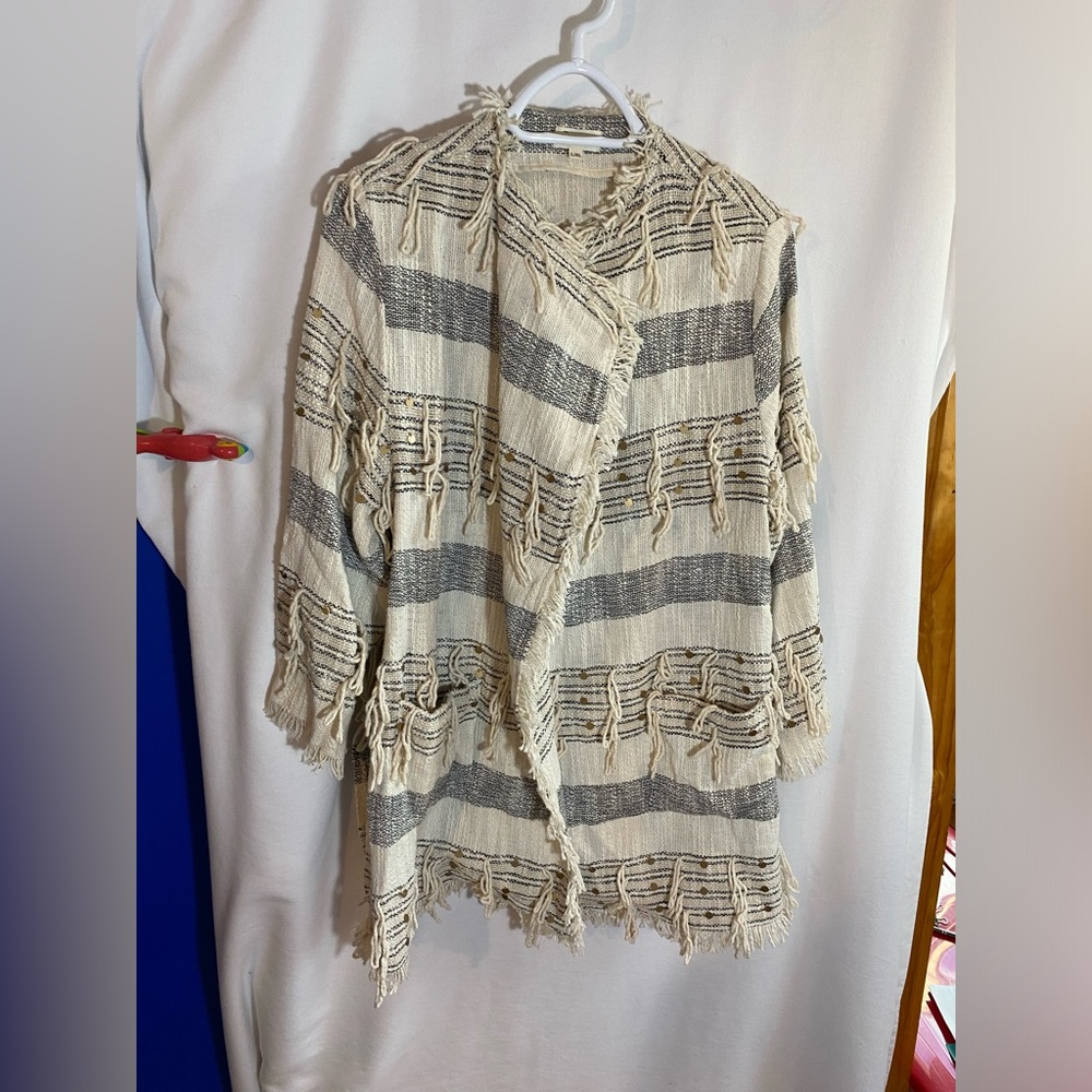 World Market Open Striped Cardigan Sweater with Fringe, size L/XL cream & blue